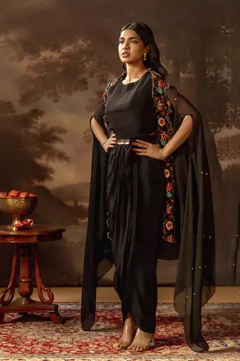 Black aarani embroidered drape dress set