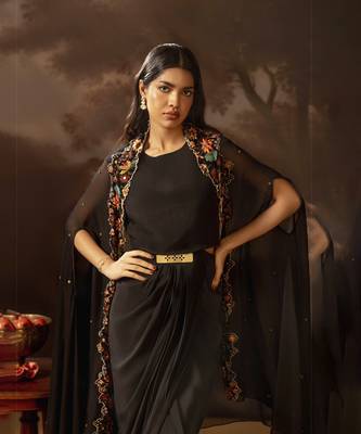 Black aarani embroidered drape dress set 3