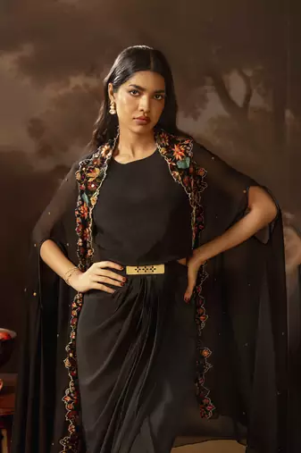 Black aarani embroidered drape dress set