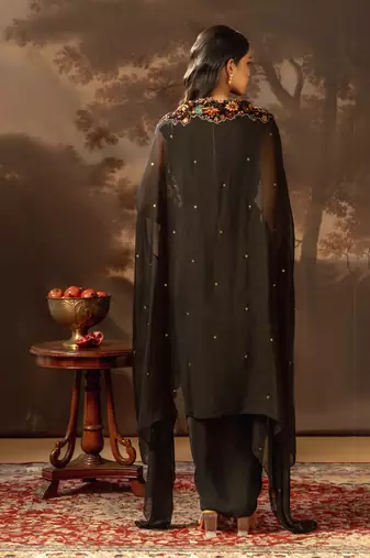 Black aarani embroidered drape dress set