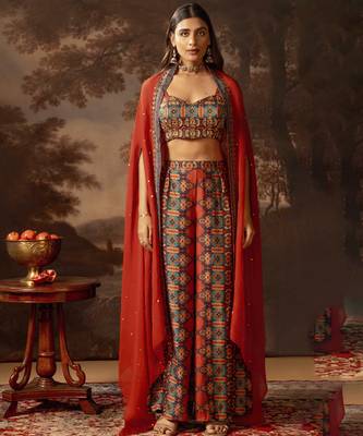 Red orani embroidered co-ord set with cape 1