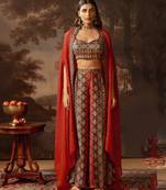 Red orani embroidered co-ord set with cape