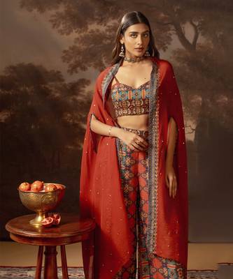 Red orani embroidered co-ord set with cape 2