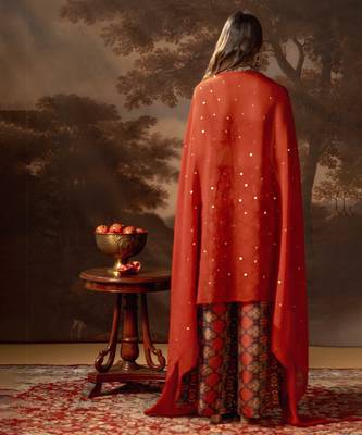 Red orani embroidered co-ord set with cape 4