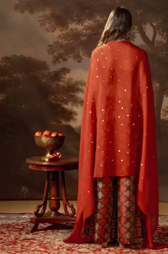 Red orani embroidered co-ord set with cape