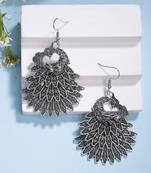  women's silver toned oxidized peacock design drop earrings