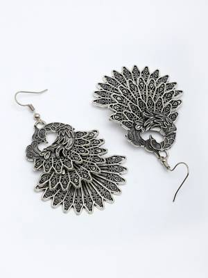  women's silver toned oxidized peacock design drop earrings 3