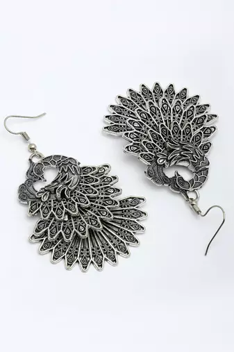  women's silver toned oxidized peacock design drop earrings