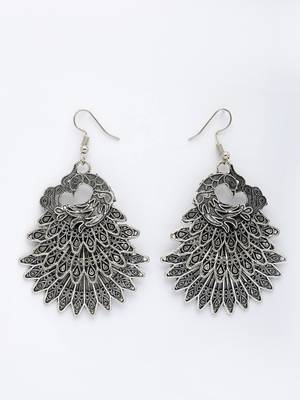  women's silver toned oxidized peacock design drop earrings 4