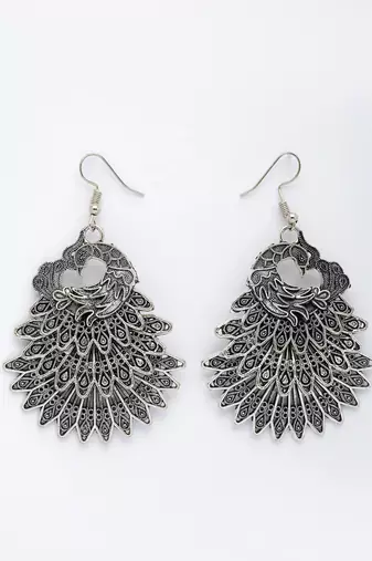  women's silver toned oxidized peacock design drop earrings