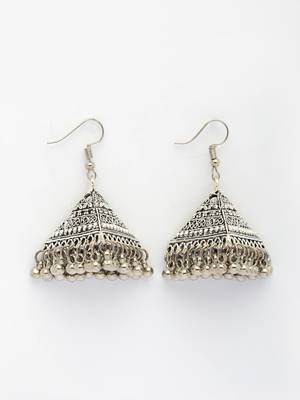  women's triangular shaped hook silver plating oxidized jhumka earrings 2