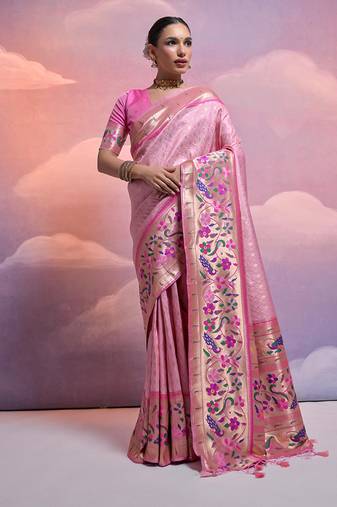 Baby pink banarasi silk blend weaving saree with zari woven fancy tassels