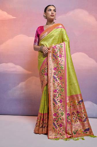 Mahendi banarasi silk blend weaving saree with zari woven fancy tassels