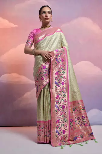 Pista banarasi silk blend weaving saree with zari woven fancy tassels