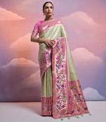 Pista banarasi silk blend weaving saree with zari woven fancy tassels