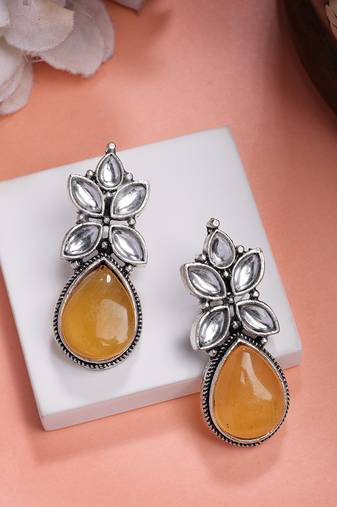  women yellow artificial stones silver plated drop earrings