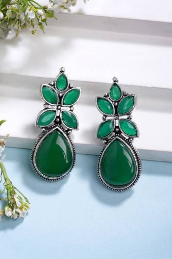  women green artificial stones silver plated drop earrings