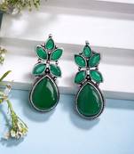  women green artificial stones silver plated drop earrings