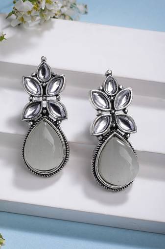  women white artificial stones silver plated drop earrings