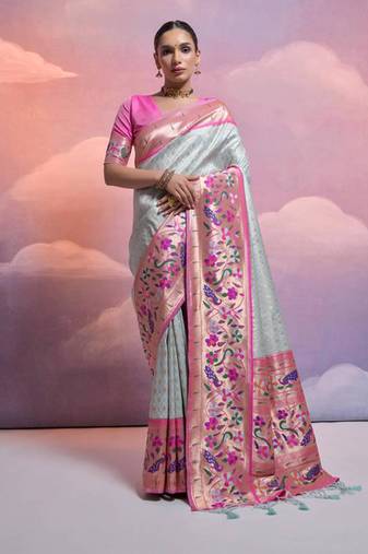 Sea green banarasi silk blend weaving saree with zari woven fancy tassels