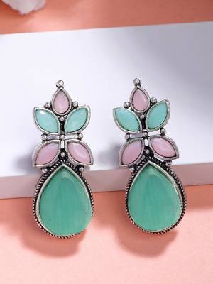  women green & pink artificial stones silver plated drop earrings 1