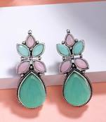  women green & pink artificial stones silver plated drop earrings