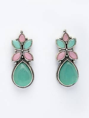  women green & pink artificial stones silver plated drop earrings 2