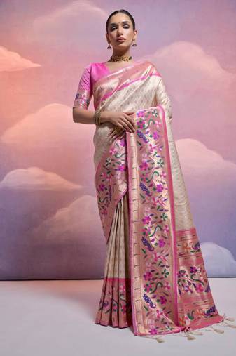 White banarasi silk blend weaving saree with zari woven fancy tassels