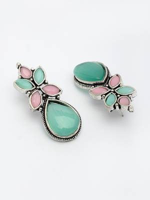  women green & pink artificial stones silver plated drop earrings 4
