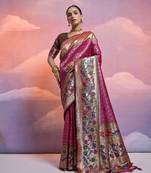 Wine banarasi silk blend weaving saree with zari woven fancy tassels