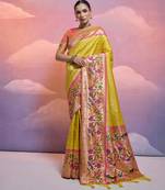 Yellow banarasi silk blend weaving saree with zari woven fancy tassels