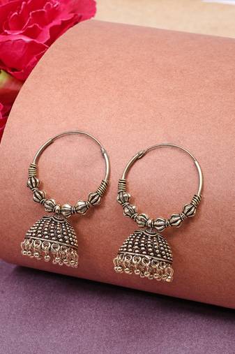  women's handmade gold plated oxidized traditional jhumka earrings