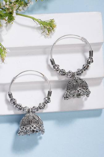 women's handmade silver plated oxidized traditional jhumka earrings