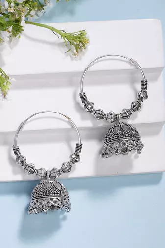  women's handmade silver plated oxidized traditional jhumka earrings