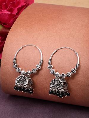  women oxidized silver plated black artificial beads jhumka earrings 1