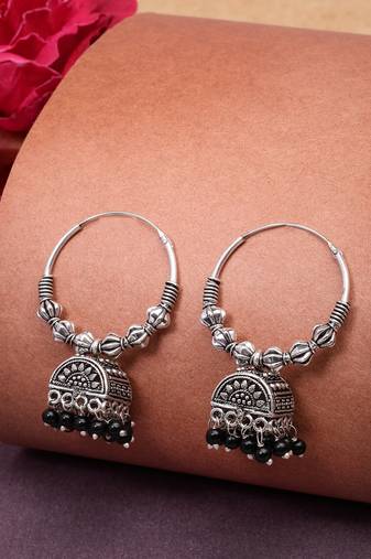  women oxidized silver plated black artificial beads jhumka earrings