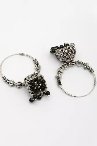  women oxidized silver plated black artificial beads jhumka earrings