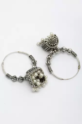  women oxidized silver plated white artificial beads jhumka earrings