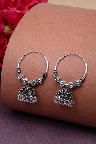  women's ethnic silver plated oxidized circle jhumka earrings