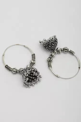  women's ethnic silver plated oxidized circle jhumka earrings