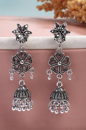  women silver toned oxidized floral design jhumka earrings