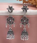  women silver toned oxidized floral design jhumka earrings