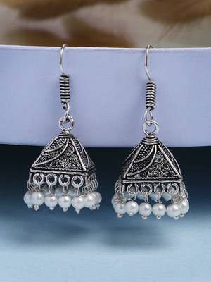  women's oxidized silver plated white artificial beads jhumka earrings 1