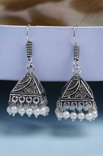  women's oxidized silver plated white artificial beads jhumka earrings