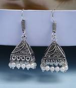  women's oxidized silver plated white artificial beads jhumka earrings