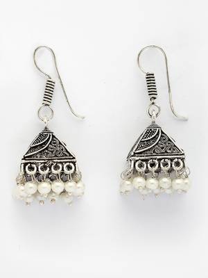  women's oxidized silver plated white artificial beads jhumka earrings 2