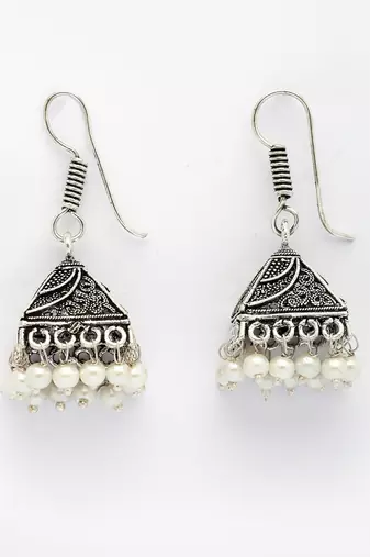  women's oxidized silver plated white artificial beads jhumka earrings