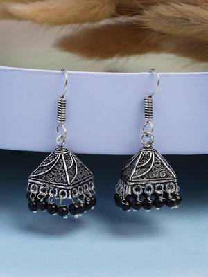  women's oxidized silver plated black artificial beads jhumka earrings 1
