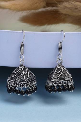  women's oxidized silver plated black artificial beads jhumka earrings