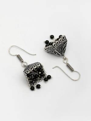  women's oxidized silver plated black artificial beads jhumka earrings 3